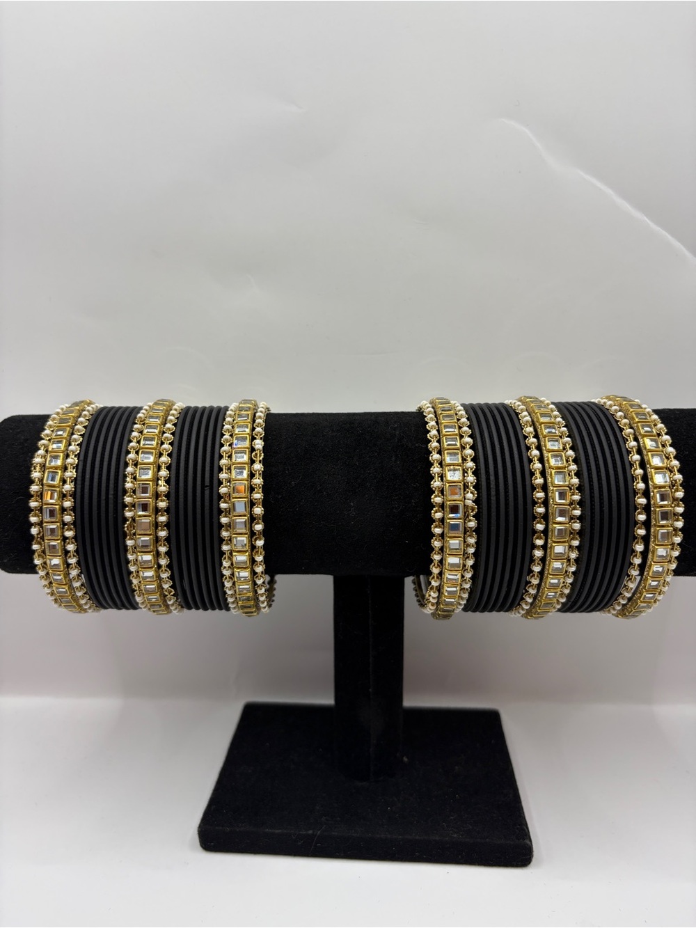 Desi Y2K Elegant Black and Gold Kundan-Style Bangle Set - Both Hands